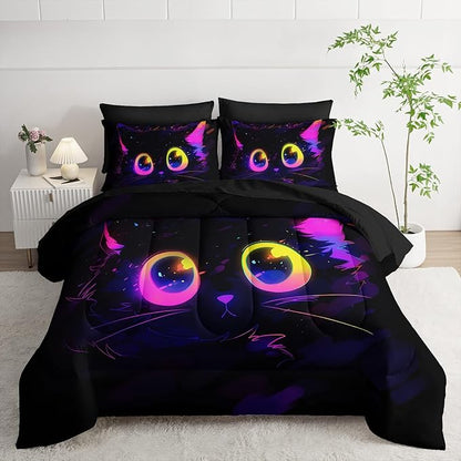 Cute Cat Kids Comforter Set King Size 7pcs Black in Dark 3D Digital Animals Printed Pattern Comforter Set for Kids Boys Girls Adults Animal Print Room Decor