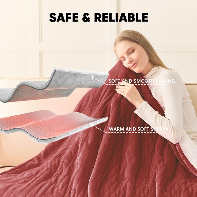 greenoak Heated Blanket Electric Queen Size 84"X90" Dual Control, Heating Blanket with 10 Levels 1/2/4/6/8 Hours Auto-Off, Soft Sherpa Warm Christmas Blanket,Red