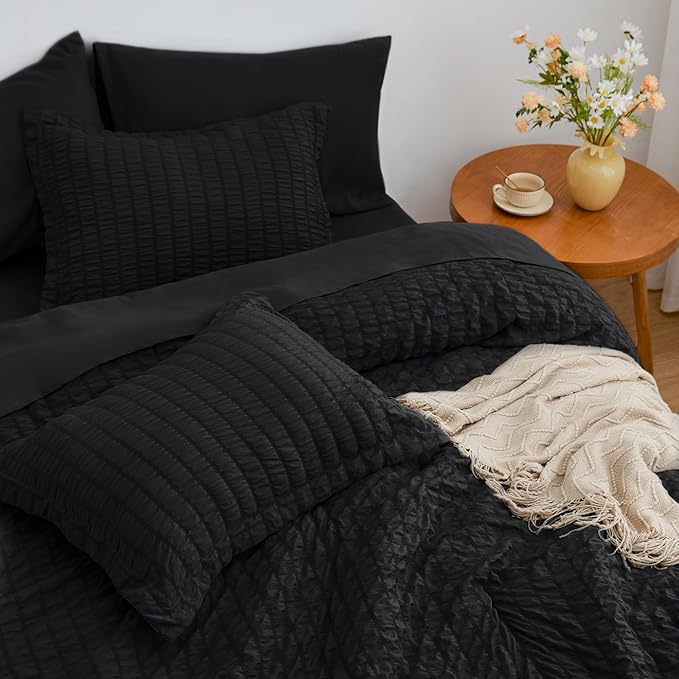 Love's cabin Seersucker Black Full Comforter Set, 7-Piece All Season Lightweight Bed in a Bag Bedding Set with Comforter, Flat Sheet, Fitted Sheet, Pillowcases and Shams | Soft, Breathable, Lightweight