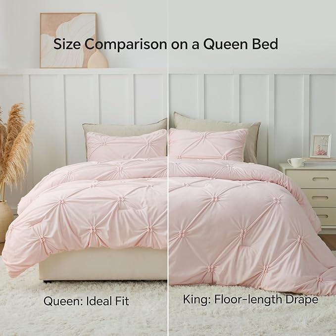 BEDELITE Pintuck Fluffy King Size Comforter Set - Super Soft Sherpa Pink Comforter for King Size Bed, Luxury Warm Bedding Set for Winter, Fuzzy Bed Set 3 Pieces (1 Comforter, 2 Pillowcases)
