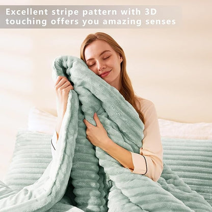 CozyLux Fluffy King Size Comforter Set - Super Soft Faux Fur Sage Green Comforter King Size, Winter Warm Fleece Bedding Set, 3 Pieces Plush Fuzzy Bed Set (1 Shaggy Comforter, 2 Pillowcases)
