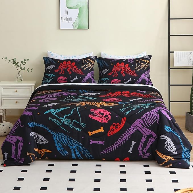 7 Piece Boys Dinosaur Comforter Set Twin Size 3D Black Dinosaur Skeleton Bedding Set for Toddler Kids Teens Christmas Birthday Gift