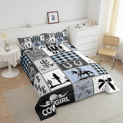 Western Cowgirl Girly Comforter Set Full Size,Cactus Horseshoe Cow Skull Bow Bedding Set,Girls Women Room Decor,Cowgirl Boot Geometric Plaids Down Comforter,Blue Rustic Duvet Insert,2 Pillowcases