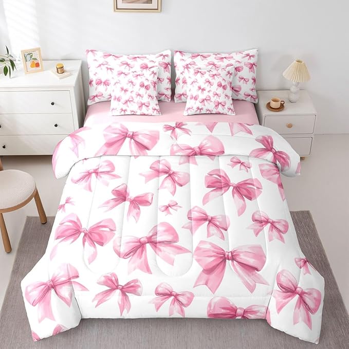 Feelyou Pink Bow Comforter Set with Sheets 7 Piece King Size Cute Bowknot Bed in a Bag Kids Boys Girls Princess Decor Bedding Set Kawaii Bedroom Decor Breathable Soft Lightweight Microfiber