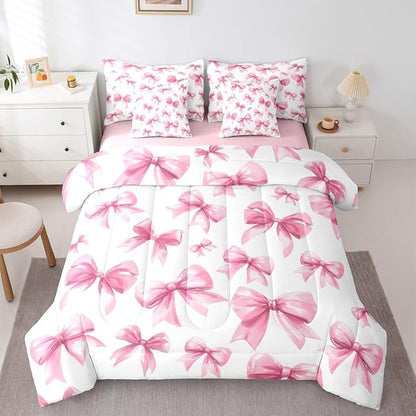 Feelyou Pink Bow Comforter Set with Sheets 7 Piece Full Size Cute Bowknot Bed in a Bag Kids Boys Girls Princess Decor Bedding Set Kawaii Bedroom Decor Breathable Soft Lightweight Microfiber