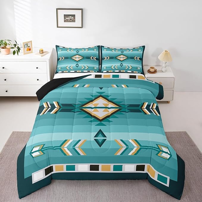 Erosebridal Turquoise Western Comforter Set Toddler Teal Southwestern Aztec Country Bedding Set Rustic Farmhouse Bedding Comforter Sets for Kids Adults Exotic Ethnic Tribal Bed Set 1 Pillow Case