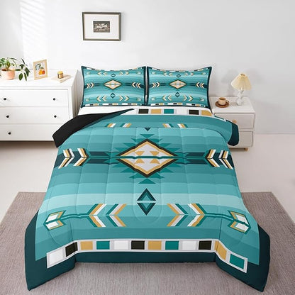 Erosebridal Turquoise Western Comforter Set Toddler Teal Southwestern Aztec Country Bedding Set Rustic Farmhouse Bedding Comforter Sets for Kids Adults Exotic Ethnic Tribal Bed Set 1 Pillow Case