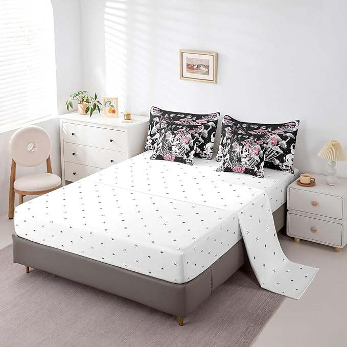 Feelyou Sugar Skull Bedding Set with Comforter, King Size 7Pcs Halloween Themed Comforterative Pink Death Moth Bed in a Bag with Comforter, Boho Mushroom Room Decor