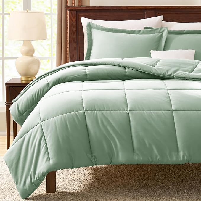 CozyLux King Size Comforter Set - Sage Green Comforter King Size, 3 Pieces Box Stitched Bed Set for All Seasons, Soft Lightweight Bedding Sets with 1 Down Alternative Comforter and 2 Pillow Shams