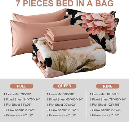 Dobuyly Full Size Comforter Set 7 Piece Bed in a Bag, Pink Floral Printed on Black Comforter Set with Sheets, Soft Microfiber Botanical Flower Bedding Set for All Season