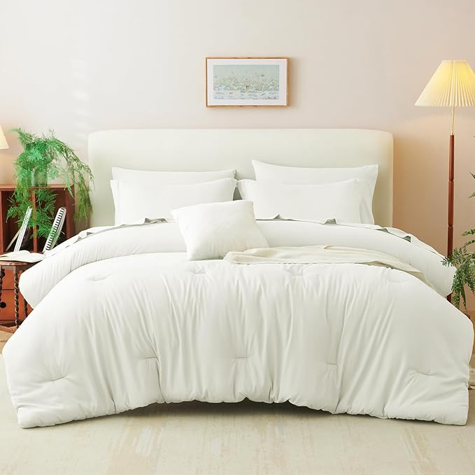 CozyLux Queen Comforter Set Ivory, 7 Pieces Bed in a Bag Queen Size Comforter Set with Sheets, Bedding Sets with Down Alternative Comforter, Fitted Sheets, Flat Sheets, Pillow Shams and Pillowcases