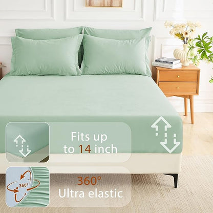MUXHOMO 7 Pieces California King Comforter Set, Soft Bed in a Bag Cal King Size, All Season Bedding Set with Comforter, Flat Sheet, Fitted Sheet, Pillowcases & Shams, Sage Green