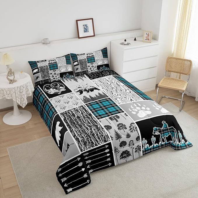 Erosebridal Western Bedding Queen Size,Farmhouse Horse Cowboy Comforter Set Cabin Decor,Retro Mint Green Plaid Grid Quilt Western Bed Set,Wild Animals Paw Arrow Hunting Theme Duvet Insert