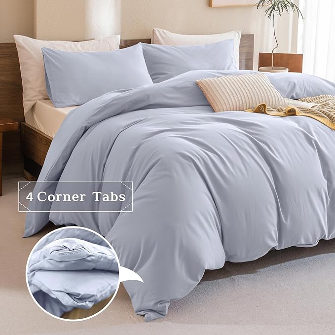 CozyTide Cotton Queen Comforter Set,Light Blue Soft Fluffy Bedding Comforter & Set,3 Pieces Lightweight Fluffy Aesthetic Boho Queen Bedding Set