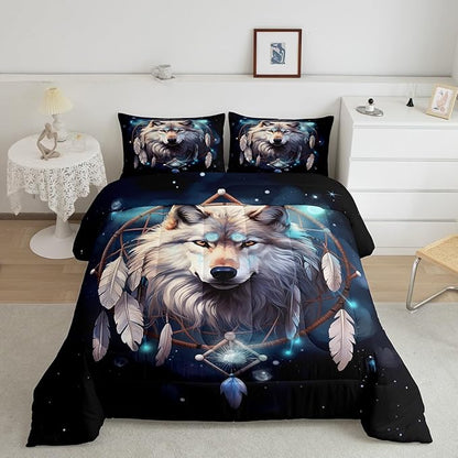 Erosebridal Wolf Dream Catcher Twin Bedding Set,Indian Wolf Hunting Comforter Set for Kids Boys Girls Room Decor,Boho Exotic Quilt Set Wildlife Safari Bedding Comforter Sets,1 Pillowcase