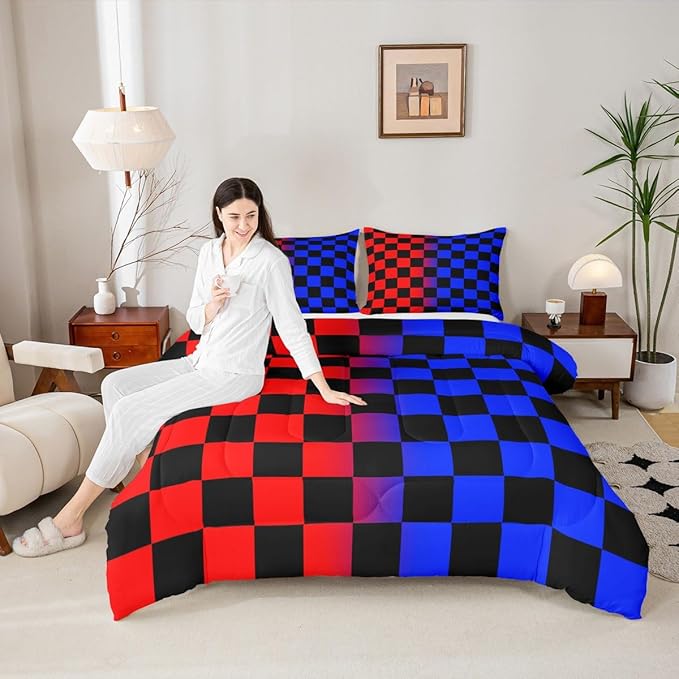 Checkered Kids Comforter Set Full Size Red Blue Plaid Bedding Set Cute Retro Neutral Checkerboard Geometric Duvet Quilt for Kids Boys Girls Bedroom Vintage Aesthetic Decor