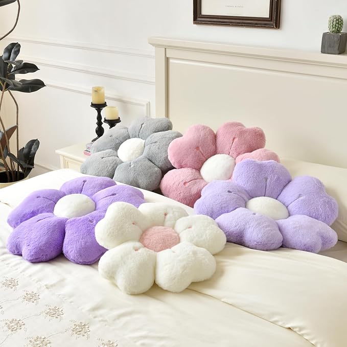 Flower Pillow, Flower Shaped Pillow Decorative Throw Pillows for Bed Couch, Cute Daisy Pillow Dorm Decor Floor Seating Cushion (Dark Purple, 15 Inches)