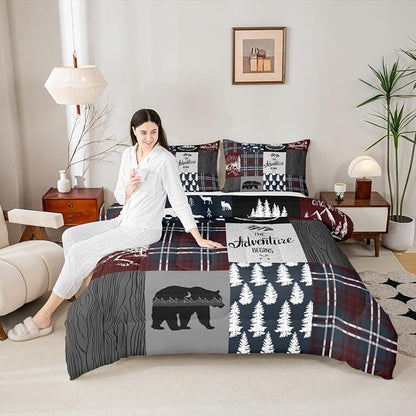 Retro Cabin Bedding For Kids, Rustic Adventure Bear Deer Moose Comforter Set Full Size, Camping Hunting Wild Animal Bedding Comforter Sets Geometric Patchwork Lodge Decor Quilt Deer Decor For Home