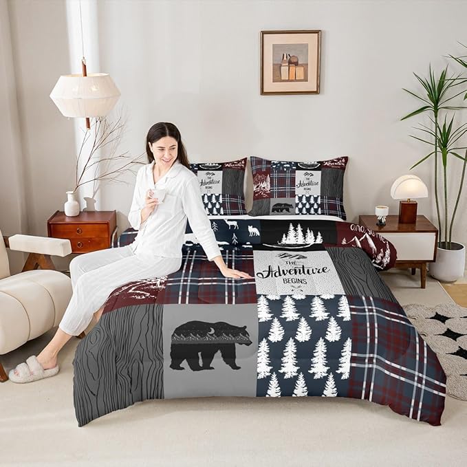 Retro Cabin Bedding For Kids, Rustic Adventure Bear Deer Moose Comforter Set Twin Size, Camping Hunting Wild Animal Bedding Comforter Sets Geometric Patchwork Lodge Decor Quilt Deer Decor For Home