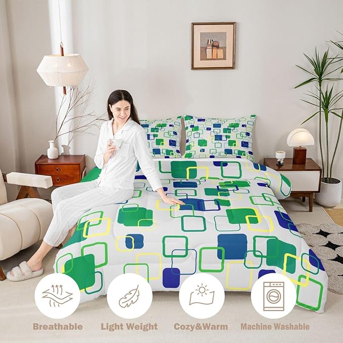 Erosebridal Green Geometric Comforter Set King Abstract Minimalist Square Bedding Set Modern Aesthetic Stripes Comforter for Kids Girls Boys Color Block Grid Quilt Duvet