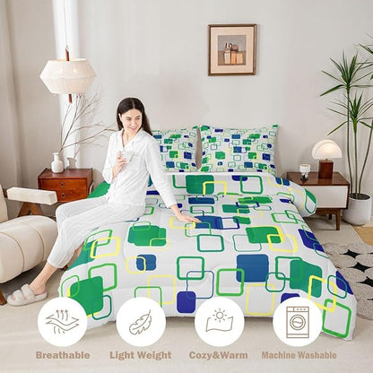 Erosebridal Green Geometric Comforter Set King Abstract Minimalist Square Bedding Set Modern Aesthetic Stripes Comforter for Kids Girls Boys Color Block Grid Quilt Duvet