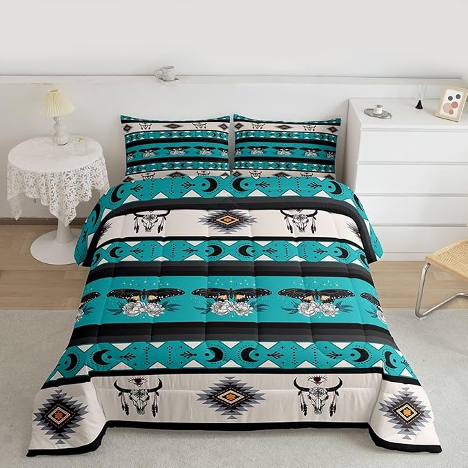 Erosebridal Exotic Moth Queen Comforter Set Bull Skull Quilt for Kids Child Boys Girls,Western Boho Bedding Set Geometric Aztec Decor Western Duvet Insert,Tribe Arrow Bohemian Room Decor Teal Blue