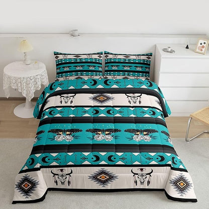 Erosebridal Boho Moth Bedding Set Bull Skull Comforter Set for Kids Child Boys Girls,Sun and Moon Southwestern Quilt Geometric Aztec Decor Western Duvet Insert King,Bohemian Room Decor Teal Blue