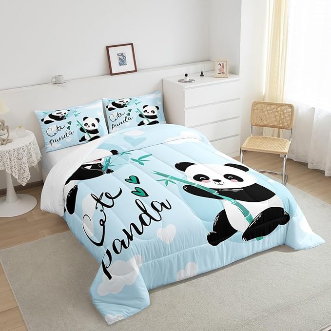 Feelyou Cute Panda Bedding Set Cartoon Panda Comforter Set for Kids Boys Girls Animal Theme Comforter Kawaii Animal Quilt Set Blue 1 Comforter Set with 1 Pillowcase Twin Size