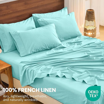 Bedlifes 100% French Linen Sheets King Size 18-24”Extra Deep Pocket 4-Piece Set Breathable & Moisture-Wicking,Soft & Durable Sheets for Thick Mattresses(Teal)