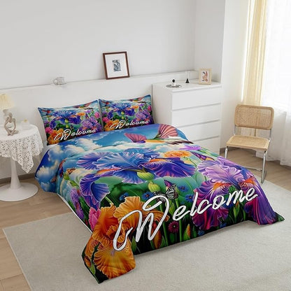 Erosebridal Tropical Hummingbird Bedding Sets Twin Purple Iris Flower Comforter Set for Kids Girls Women Cute Bird Butterfly Bed Comforter Set Farmhouse Garden Blossom Floral Quilt Duvet