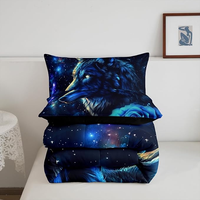 Galaxy Wolf Comforter Set for Kids Adults,Romantic Rose Mystery Universe Bedding Comforter Sets King,Tie Dyed Starry Sky Quilt Comforter with 2 Pillowcases for All Season Bedroom