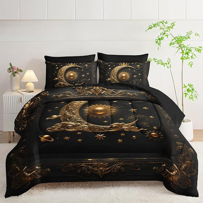 7 Piece Black and Gold Galaxy Comforter Set Queen Size，Sun and Moon Bedding Set Queen，(1 Comforter, 1 Flat Sheet, 1 Fitted Sheet, 2 Pillowcase and 2 Pillow Sham)，Astrology Bedroom Decor