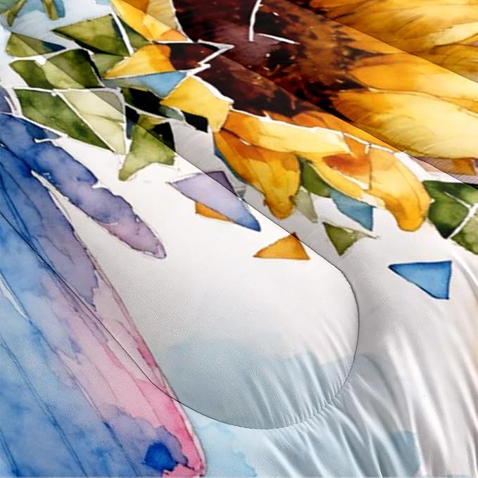 Butterfly Comforter Set Queen 3 Pieces Blue Pink Green Tie Dye Bedding Set for Kids Teens Butterflies Floral Sunflower Comforter with 2 Pillowcases, Super Soft Microfiber All Season