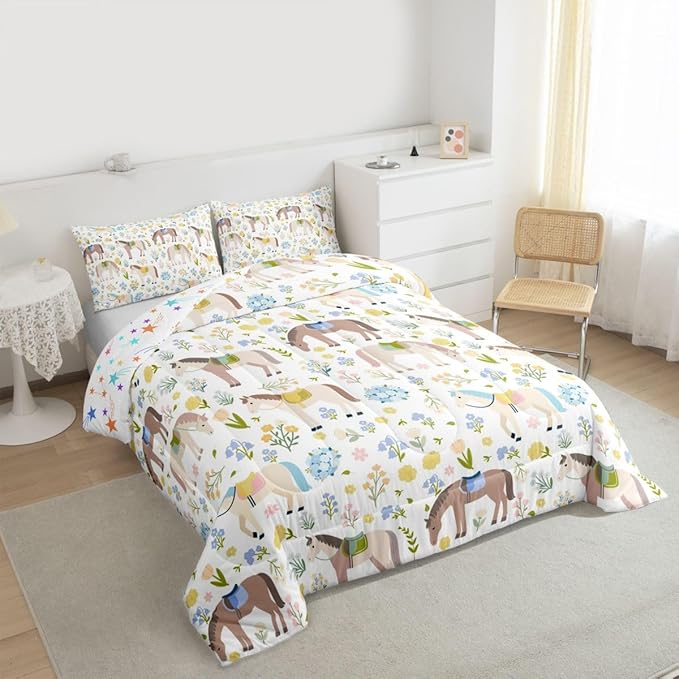Cartoon Horse Comforter Set Full Size,Bohemian Flowers Bedding Sets 3Pcs for Kids Girls Boys Women Room Decor,Rustic Farmhouse Duvet Insert Farm Animals Plants Down Comforter,2 Pillowcases
