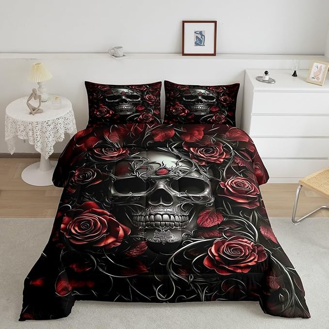 Erosebridal Adults Gothic Comforter Set Bohemian Boho Goth King Bedding Set Vintage Horror Skull Bed Sets Red Rose Baroque Victorian Romantic Rose Duvet Insert,Halloween Gothic Bedroom Decor
