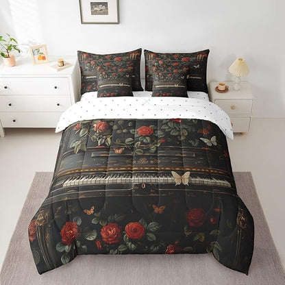 Erosebridal Vintage Piano Print Comforter Set Twin with Sheets,Girls Music Theme 7 Piece Bedding Set Musical Instruments Bedroom Decor,Butterfly Rose Flowers Bed in a Bag with Pillowcases & Shams