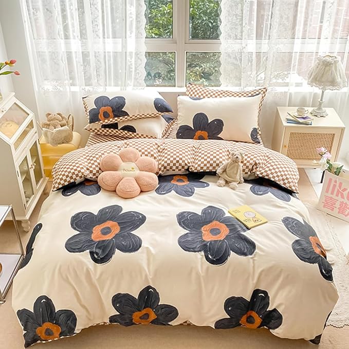 CLOTHKNOW Black Sunflower California King Comforter Set Floral Bedding Comforter Sets Brown Grid Comforter Boho Comforter Sets Cal King