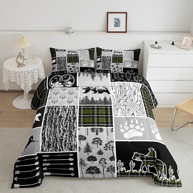 Erosebridal Rustic Farmhouse Comforter Set Full,Western Cowboy Bedding for Boys Girls Western Bedroom Decor,Sage Green Plaid Grid Duvet Insert,Bear Wildlife Hunting Theme Quilt Comforter 3Pcs