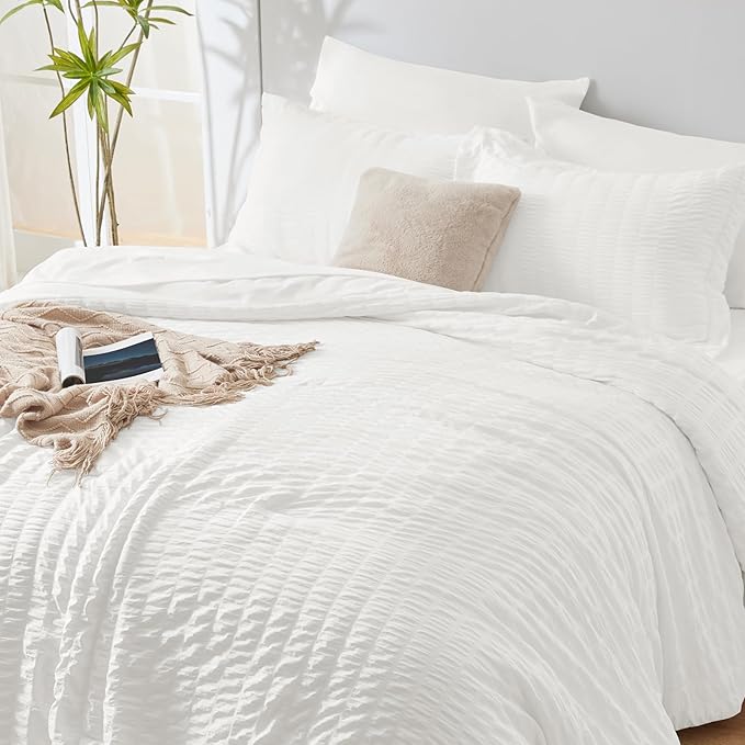 CozyLux King Size Comforter Set White Seersucker 7 Pieces Bed in a Bag King Comforter Set with Sheets, Luxury Soft Bedding Set with Down Alternative Comforter, Sheets, Pillowcases & Shams All Seasons