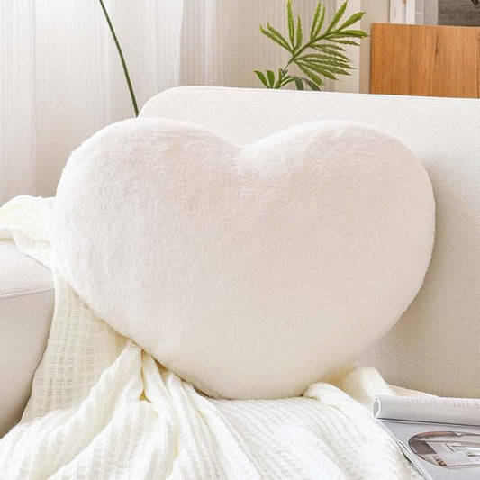 Ivory Heart Pillows, Cute Heart Decorative Pillow, Heart Shaped Throw Pillows for Bed, Faux Rabbit Fur Plush Hoom Decor Pillow Cushion for Chair Sofa Living Room (Large-19.6"x15.7")