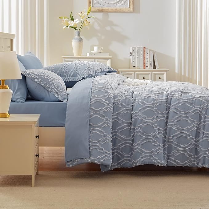 EMME 7 Piece King Embroidery Comforter Set Bed in A Bag, Microfiber Tufted Bedding Comforter with Sheets, Ultra Soft Comfortable Boho Bedding Set for All Season (King, Dusty Blue)