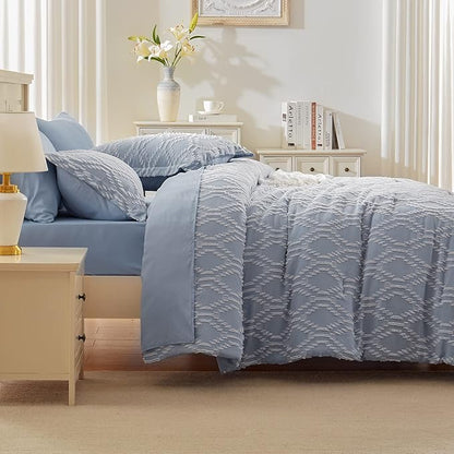 EMME 7 Piece King Embroidery Comforter Set Bed in A Bag, Microfiber Tufted Bedding Comforter with Sheets, Ultra Soft Comfortable Boho Bedding Set for All Season (King, Dusty Blue)