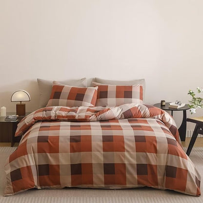 Cottonight Checkered Red Comforter Set Twin Gingham Grid Bedding Set Red and Khaki Grid Comforter Fluffy Soft Bedding Set Kids Teens Twin Comforter with 2 Pillowcases