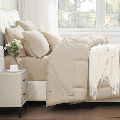 SunStyle Home Beige Full/Queen Comforter Set - 7 Pieces Bed in a Bag, Lightweight Goose Down Alternative Bedding Sets with All Season Comforter, 1 Flat Sheet, 1 Fitted Sheet, 4 Pillowcases