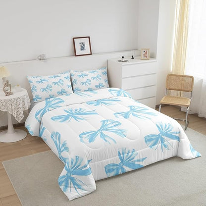 Erosebridal Bow Bedding Set Twin Size,Blue Bowknot Comforter Set Bow Tie Bedding Comforter Sets for Kids Teen Adults Bedroom Decor,Watercolor Bowknot Blue White Duvet Insert
