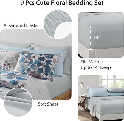 King Comforter Set Blue Bed Set, 9 Pieces Cute Floral Bedding Set Ultra Soft Botanical Flowers Comforter, Sheets, Pillowcases & Shams