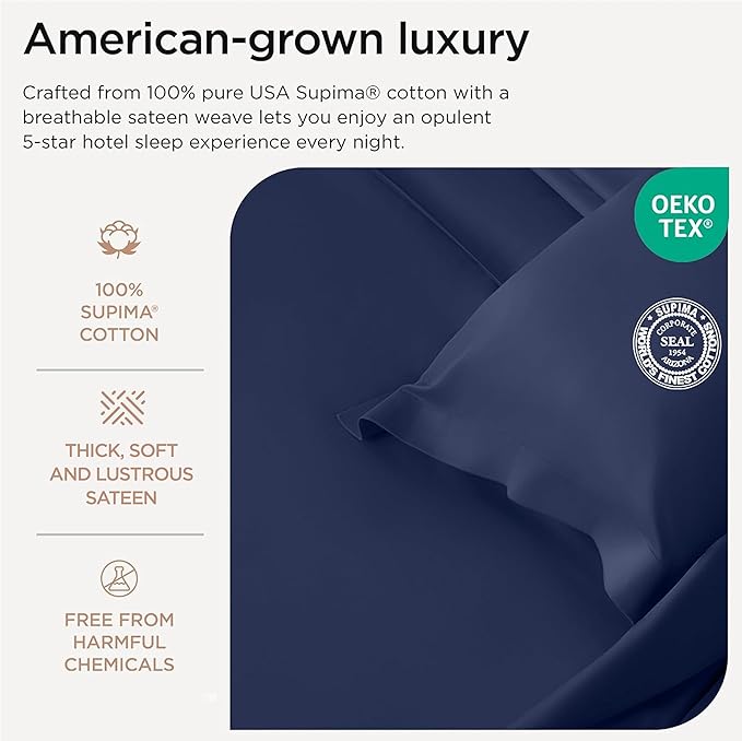 Threadmill American Supima King Size Cotton Sheets, 1000 Thread Count, 4 Piece Luxury Bed Sheets for King Mattress, 5 Star Hotel Quality Sheets with Elasticized Extra Deep Pocket, Folkstone Blue