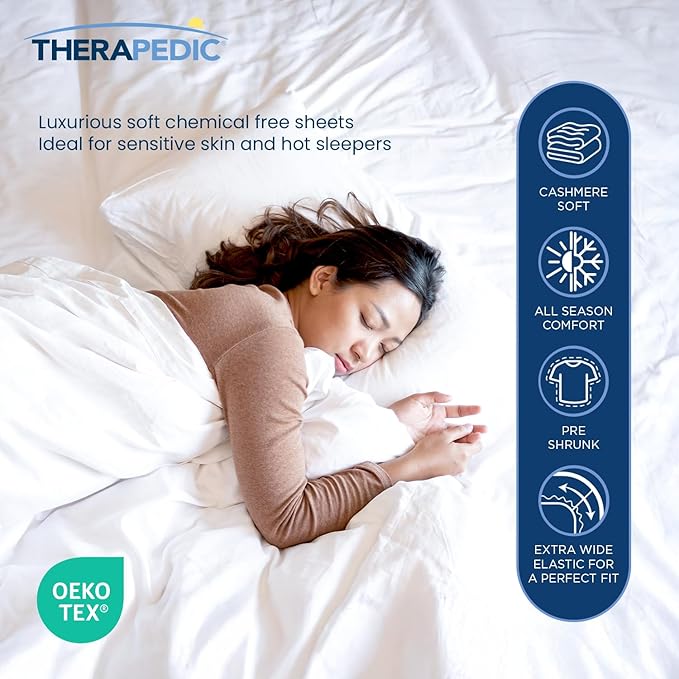 Therapedic 100% Egyptian Cotton King 6-Piece Sheet Set – Naturally Cooling & Breathable Sateen, Preshrunk Garment Wash, 16" Deep Pocket Fitted Sheet, Bonus Pillowcases, Soft & Durable - White