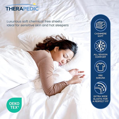 Therapedic 100% Egyptian Cotton King 6-Piece Sheet Set – Naturally Cooling & Breathable Sateen, Preshrunk Garment Wash, 16" Deep Pocket Fitted Sheet, Bonus Pillowcases, Soft & Durable - White