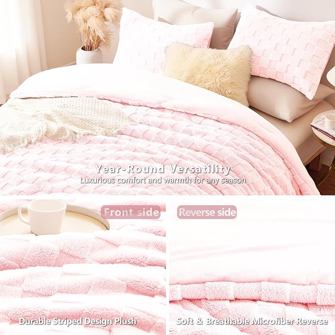 CozyLux Fleece King Comforter Set Blush Pink,Super Soft & Warm Fluffy Bedding with Checkered Pattern,Luxury Fuzzy Heavy Bed Set for Winter,3 Pieces,1 Comforter and 2 Pillowcases